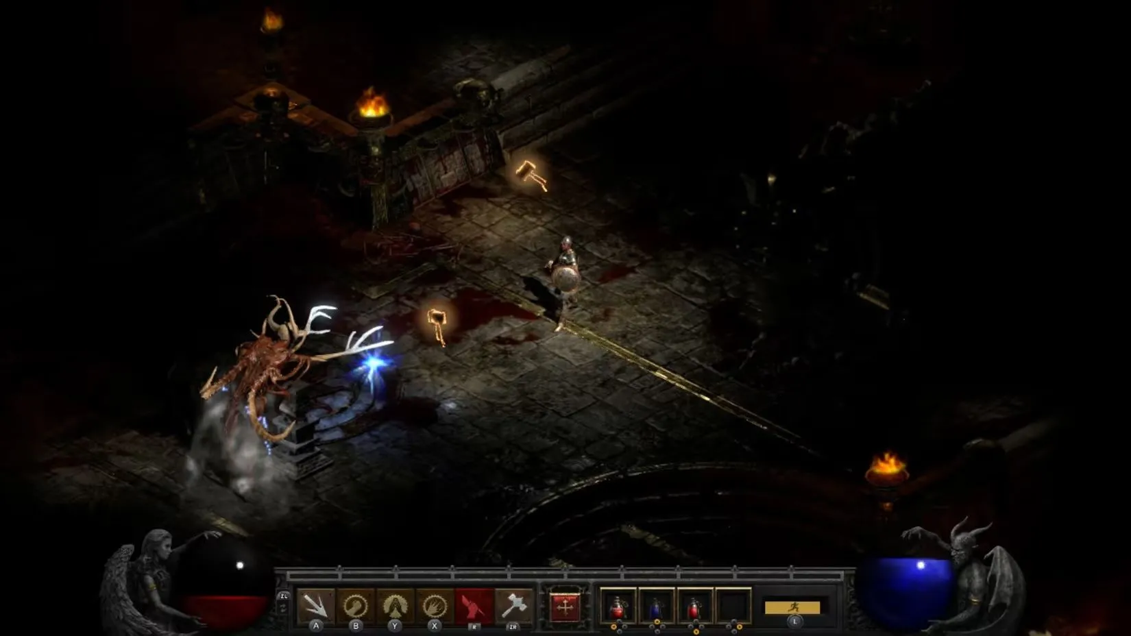 Màn hình gameplay Diablo II Resurrected trên Nintendo Switch, thể hiện giao diện ARPG cổ điển.