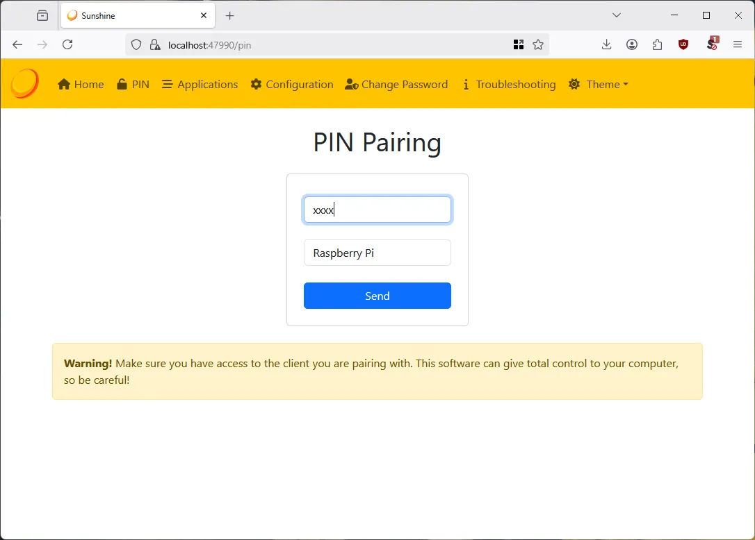 Màn hình ghép nối Sunshine với Moonlight bằng mã PIN
