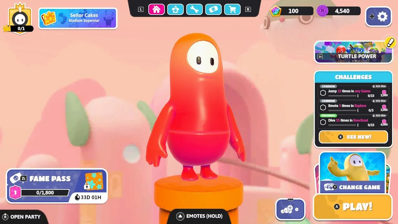 Màn hình giao diện người dùng phức tạp của game Fall Guys, với nhiều menu và tùy chọn.