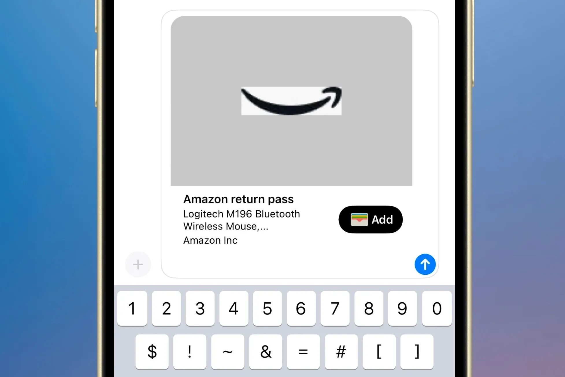 Màn hình iPhone minh họa cách chia sẻ thẻ trả hàng Amazon từ Apple Wallet qua ứng dụng Tin nhắn