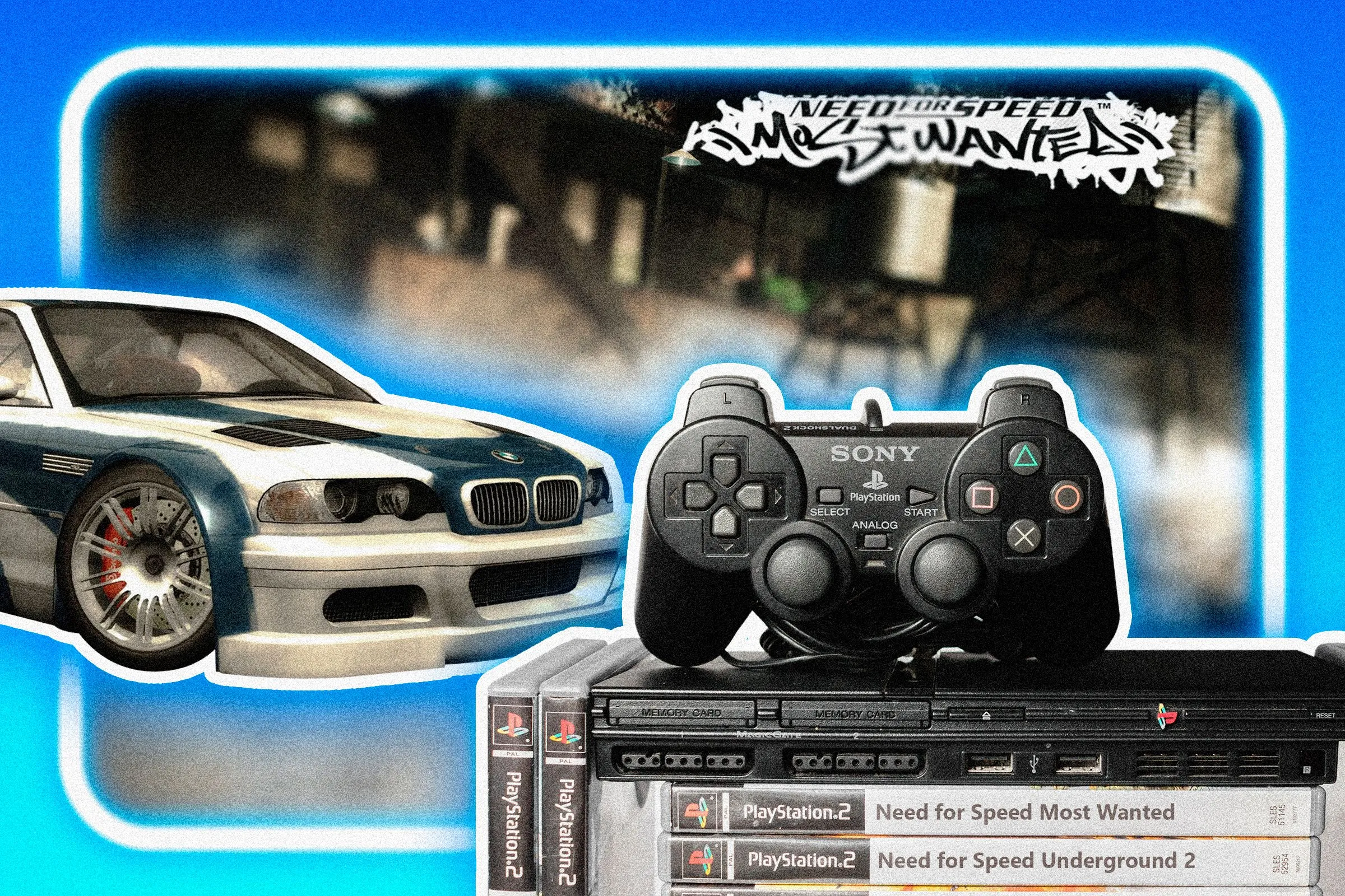 Màn hình khởi động game Need for Speed Most Wanted cùng tay cầm PlayStation 2 và các đĩa game