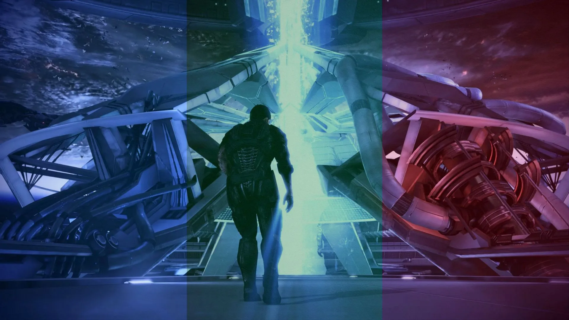 Màn hình lựa chọn kết thúc của Mass Effect 3 với ba màu sắc đại diện cho các quyết định then chốt