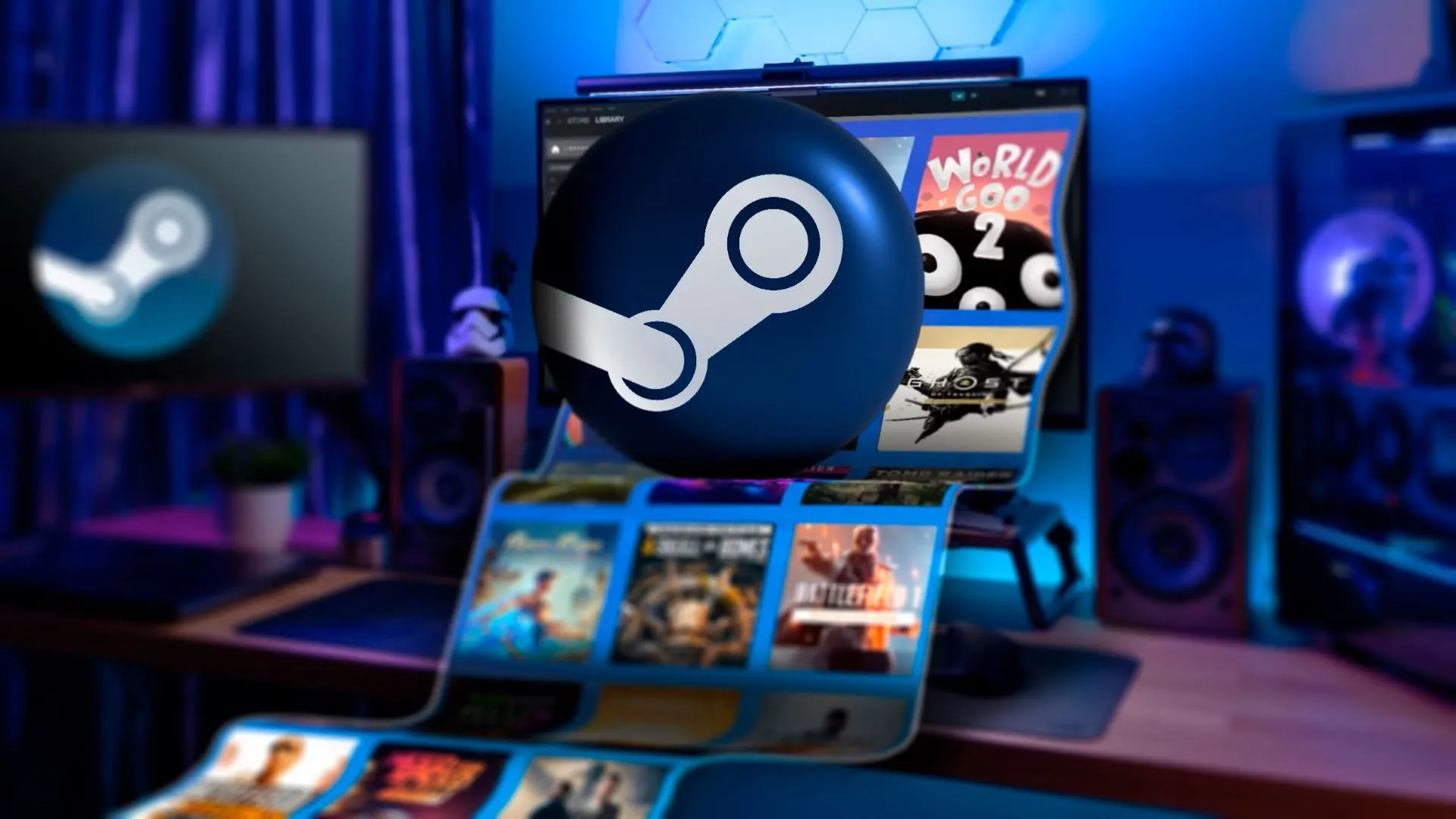 Màn hình máy tính chơi game với logo Steam và các tựa game nổi bật, tượng trưng cho trải nghiệm khám phá game vượt trội