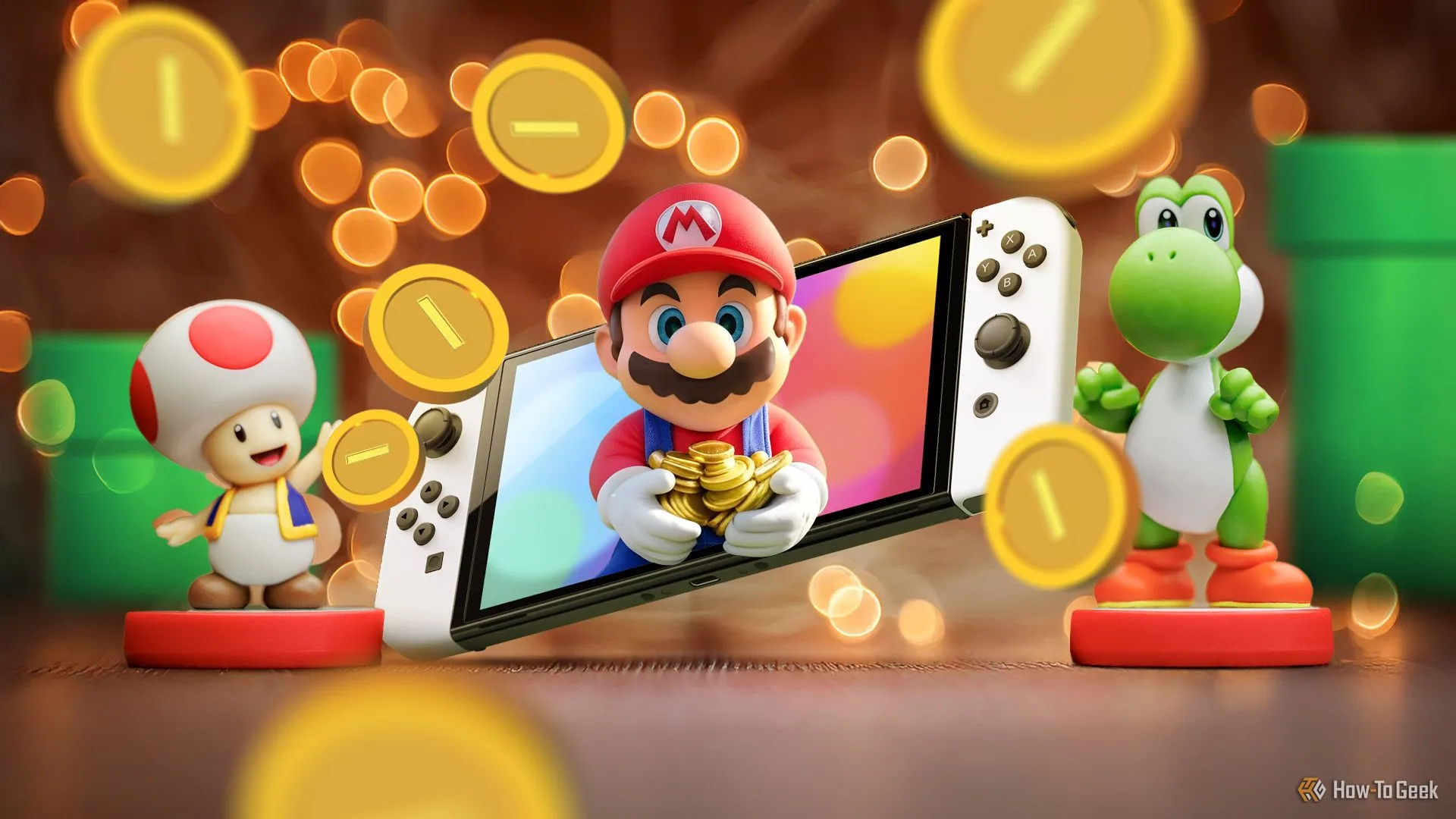 Màn hình Nintendo Switch hiển thị game Super Mario và các đồng tiền vàng