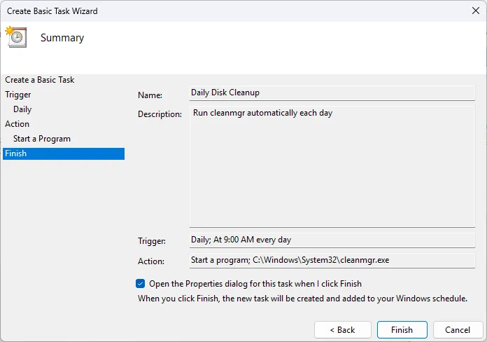 Màn hình tạo tác vụ mới trong trình hướng dẫn cơ bản của Task Scheduler.
