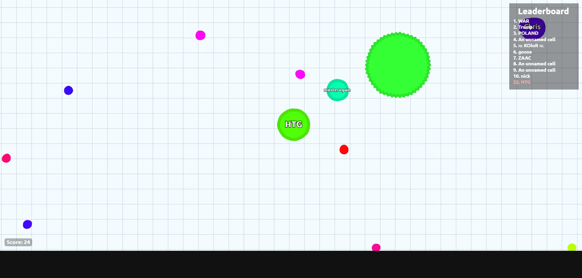 Màn hình trò chơi Agar.io với nhiều tế bào màu sắc khác nhau
