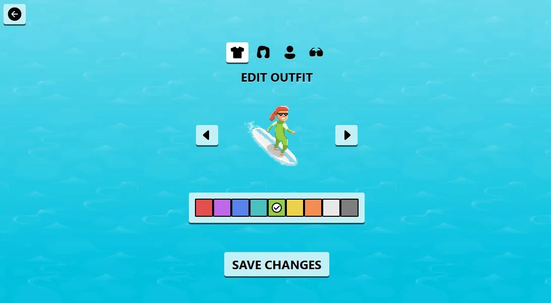 Màn hình tùy chỉnh trang phục và giao diện trong game Edge Surf.
