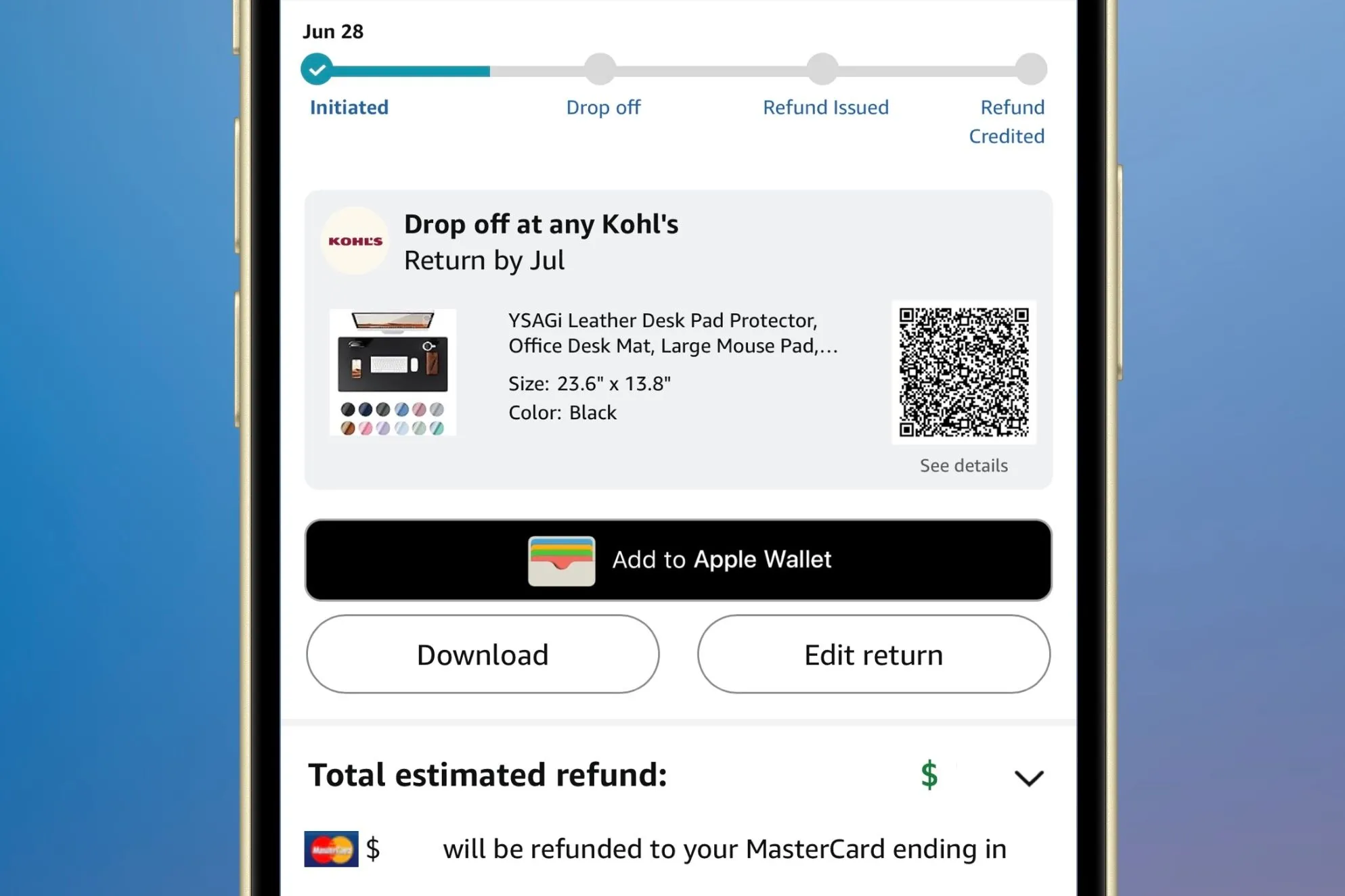 Màn hình xác nhận trả hàng Amazon trên iPhone hiển thị nút &quot;Add to Apple Wallet&quot; để thêm mã QR vào ví điện tử