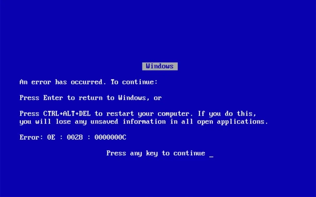 Màn hình xanh chết chóc (BSOD) của Windows Me hiển thị trong quá trình thử nghiệm bài viết