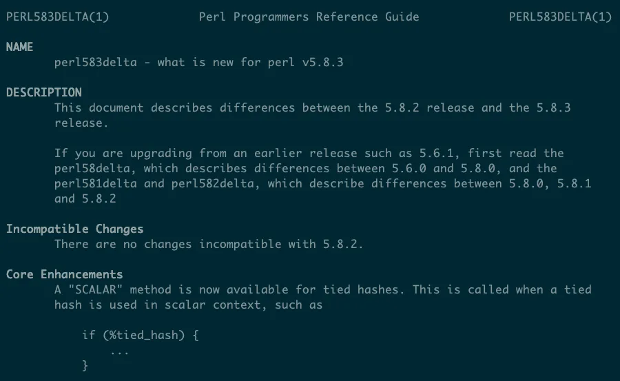 Man page cho perl583delta hiển thị các phần như Incompatible Changes và Core Enhancements