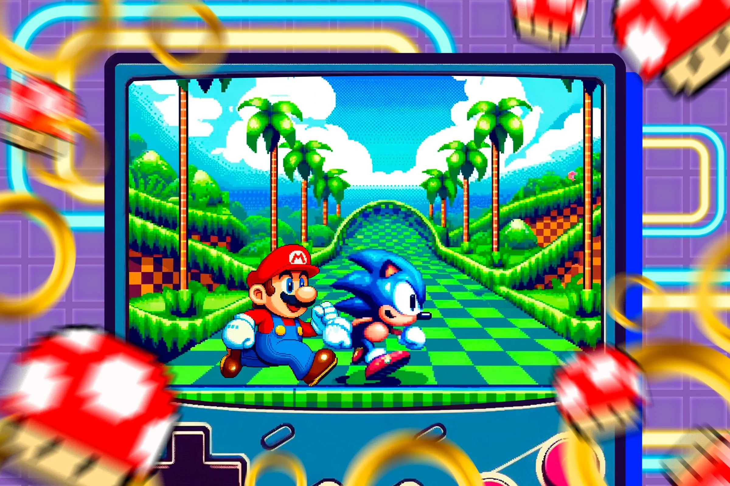 Máy chơi game cầm tay cổ điển hiển thị cảnh Super Mario và Sonic cùng xuất hiện, biểu tượng của tiềm năng crossover.