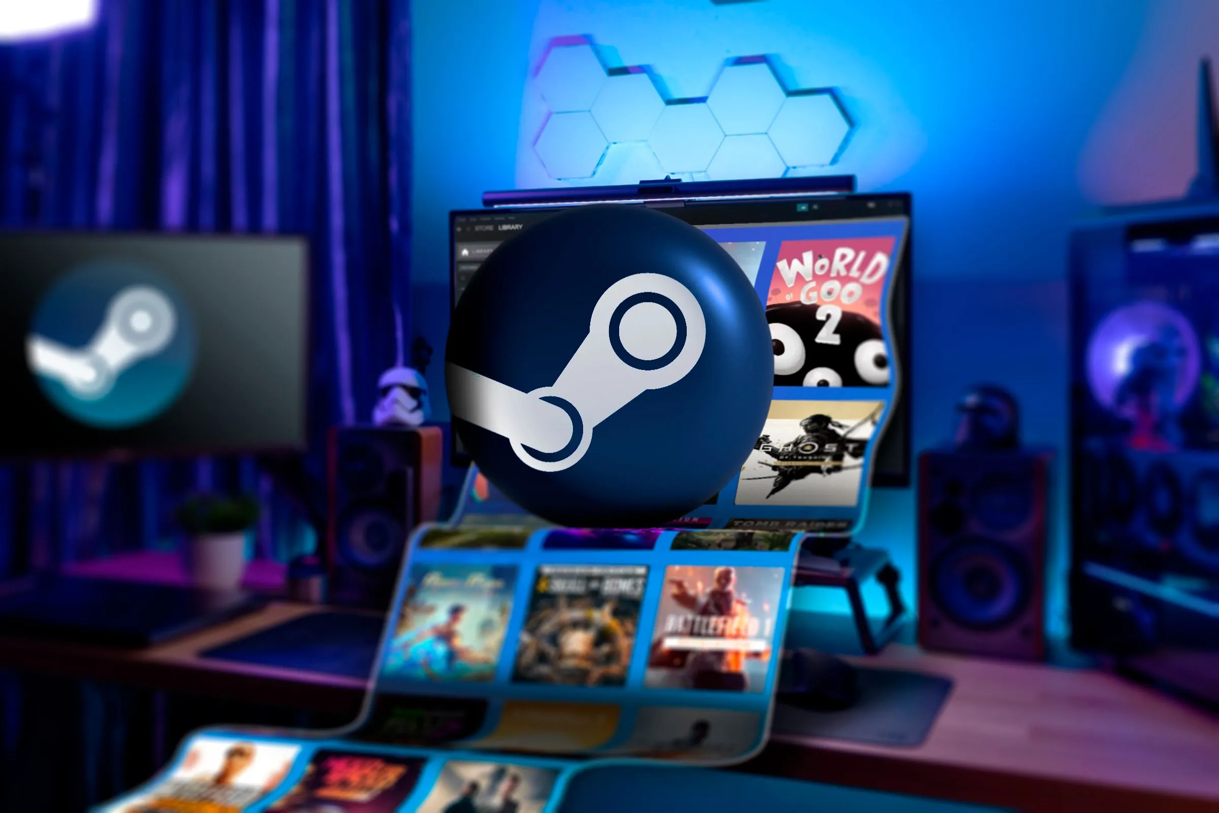 Máy tính chơi game với logo Steam, minh họa khả năng chạy ứng dụng và game trên Bazzite OS