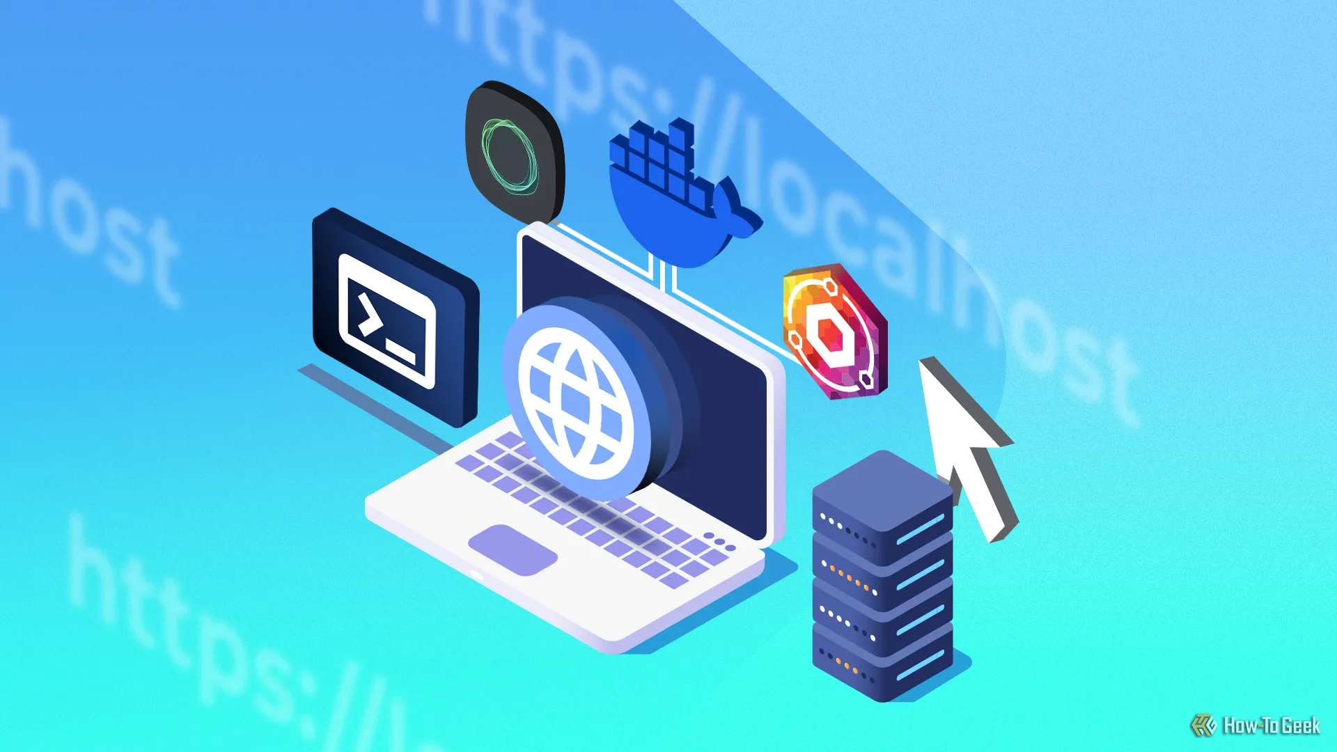 Máy tính xách tay với máy chủ và các biểu tượng liên quan đến internet