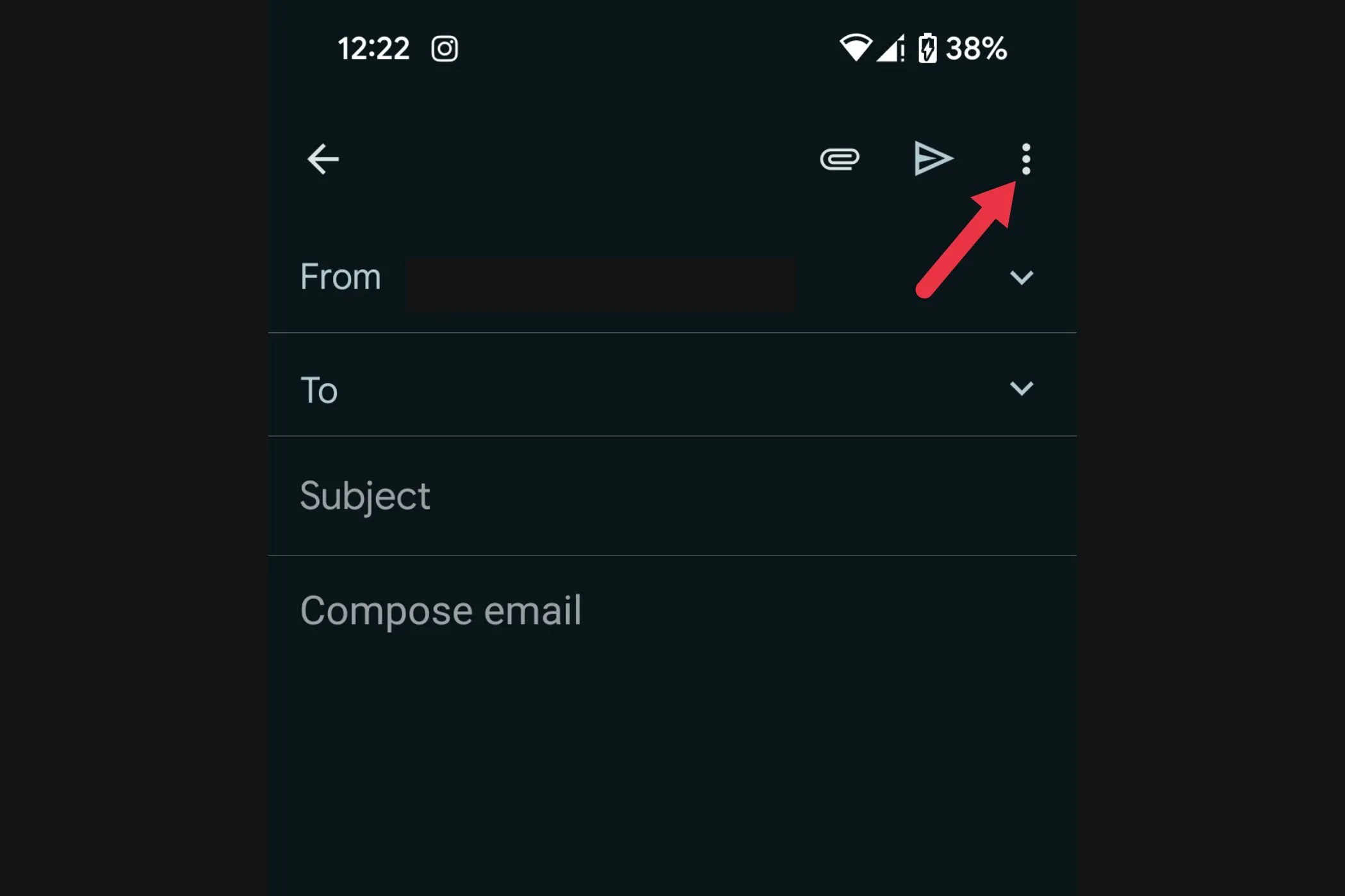Menu ba dấu chấm ở góc trên bên phải màn hình soạn email Gmail