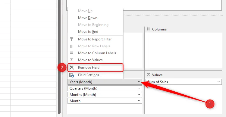 Menu chuột phải của một trường trong mục Rows của PivotTable Fields trong Excel được mở rộng, và Remove Field được chọn.