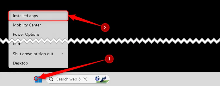 Menu chuột phải của Windows thông qua biểu tượng Windows trên thanh tác vụ được mở rộng, và &quot;Ứng dụng đã cài đặt&quot; được chọn