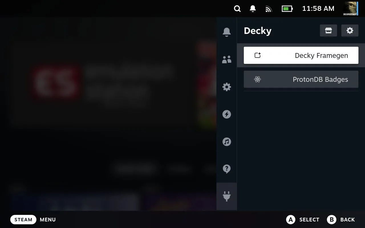 Menu Decky Loader trên Steam Deck, hiển thị plugin Decky Framegen đã sẵn sàng để được kích hoạt.