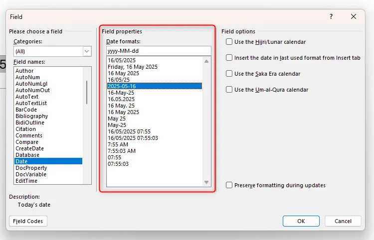 Menu Field Properties của một trường ngày tháng trong Microsoft Word được chọn
