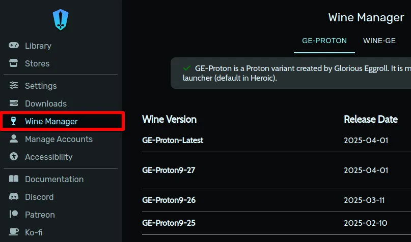 Menu Heroic Games Launcher với tùy chọn Wine Manager được tô đỏ