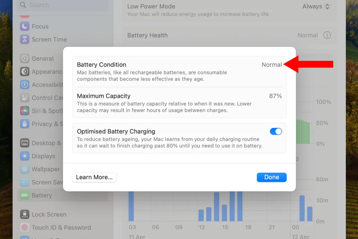 Menu hiển thị Tình trạng pin trên macOS, với khuyến nghị &quot;Cần bảo trì&quot;.