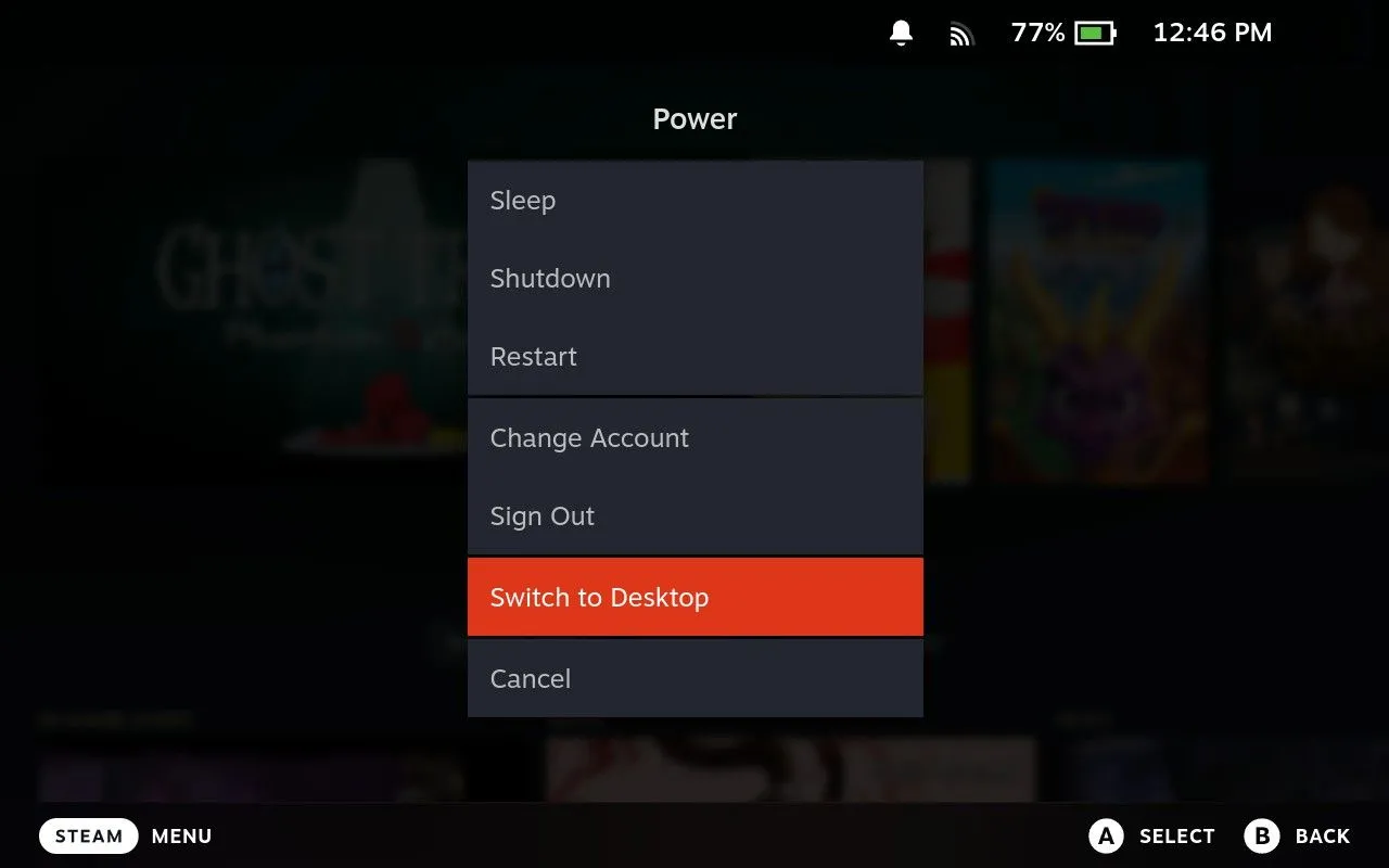 Menu nguồn của Steam Deck hiển thị tùy chọn &quot;Chuyển sang Chế độ Máy tính&quot;