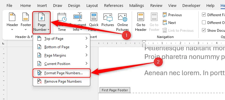 Menu Page Number trong Word mở rộng, với tùy chọn Format Page Numbers được chọn