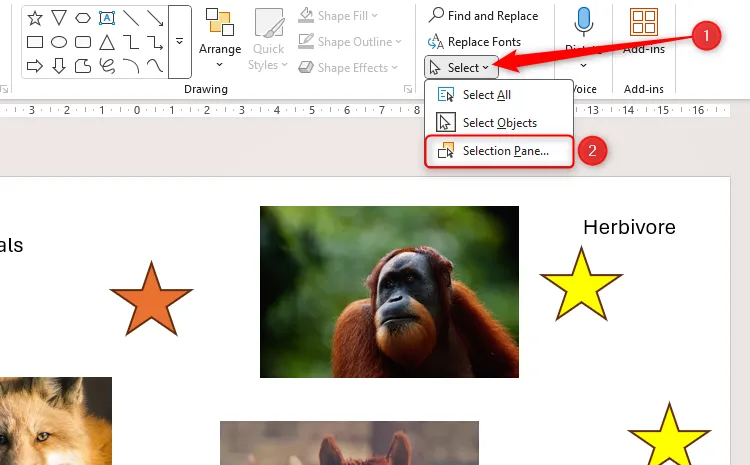 Menu Select trong tab Home của PowerPoint được mở rộng, với tùy chọn Selection Pane được chọn để truy cập bảng điều khiển đối tượng.