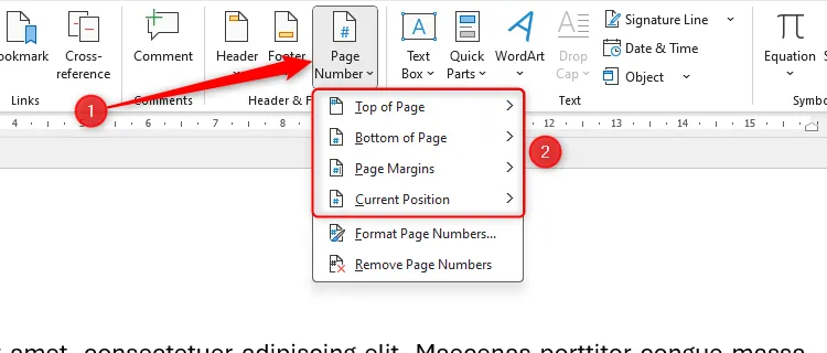 Menu thả xuống Page Number trong Microsoft Word hiển thị các vị trí đánh số trang