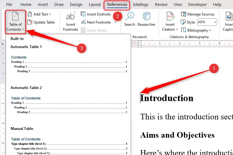 Menu thả xuống Table Of Contents trong thẻ References của Microsoft Word mở rộng