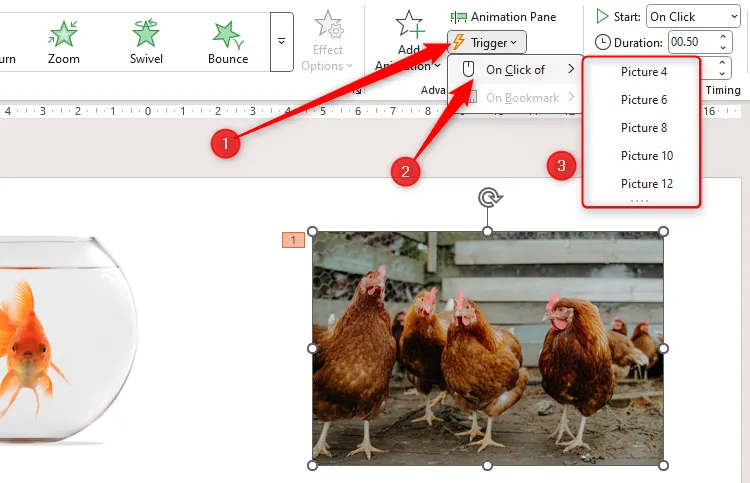 Menu thả xuống Trigger trong PowerPoint hiển vị danh sách các đối tượng hình ảnh không được đặt tên, khiến việc thiết lập kích hoạt trở nên khó khăn.