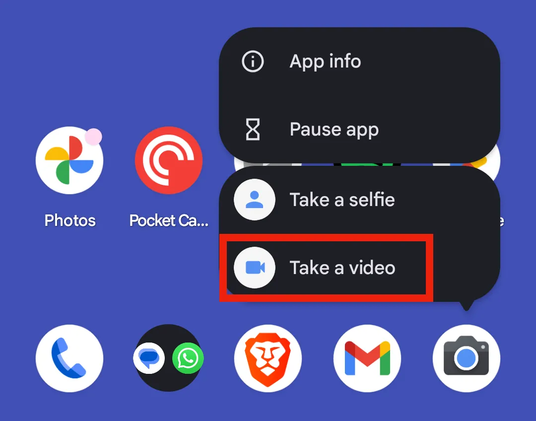 Menu tùy chọn khi nhấn giữ biểu tượng Camera Pixel với mục 'Take a Video'