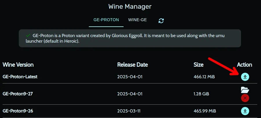 Menu Wine Manager trong Heroic với mũi tên đỏ chỉ vào nút tải xuống phiên bản GE-Proton mới nhất