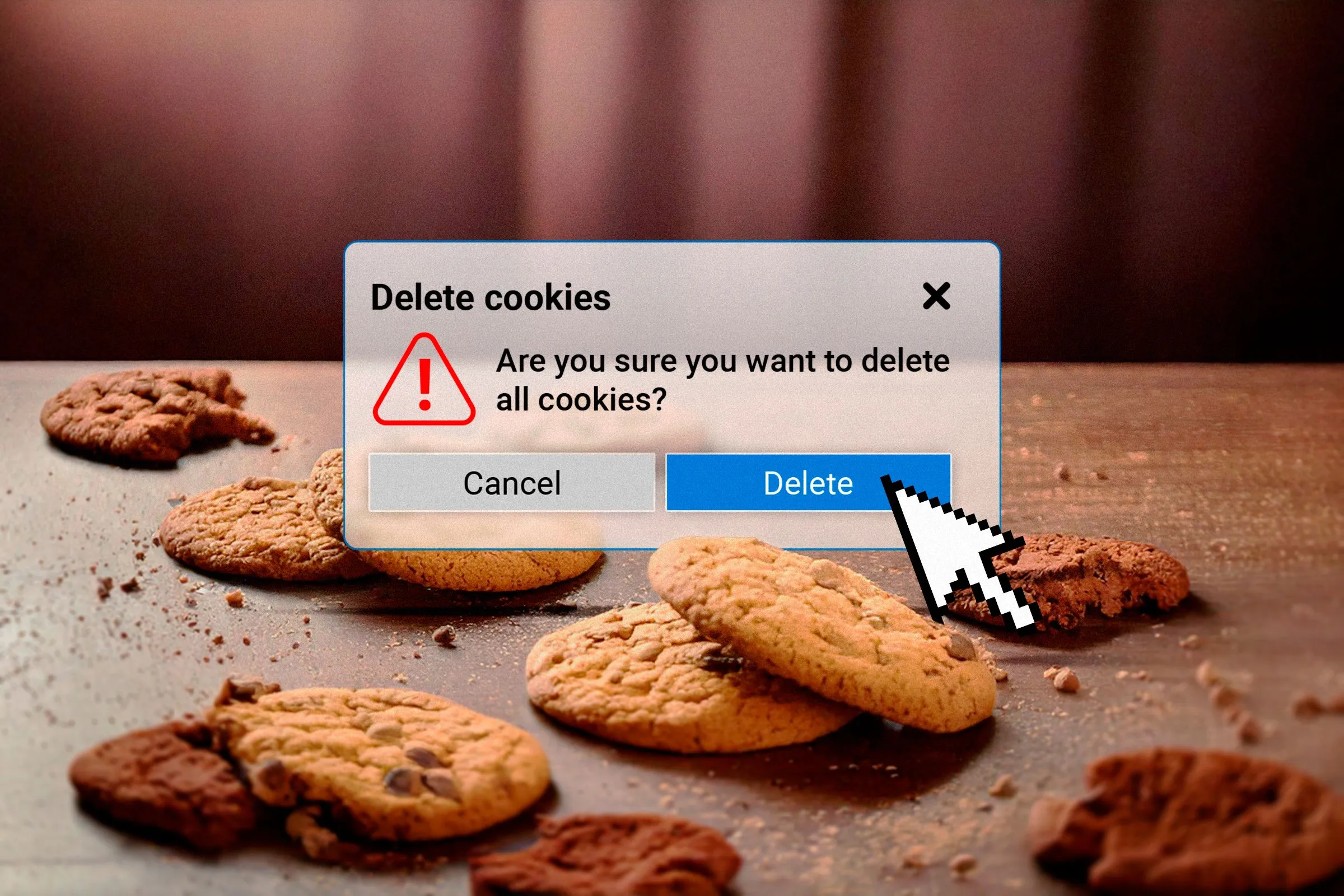 Minh họa cookie và cửa sổ xóa cookie, biểu tượng của dữ liệu duyệt web cá nhân