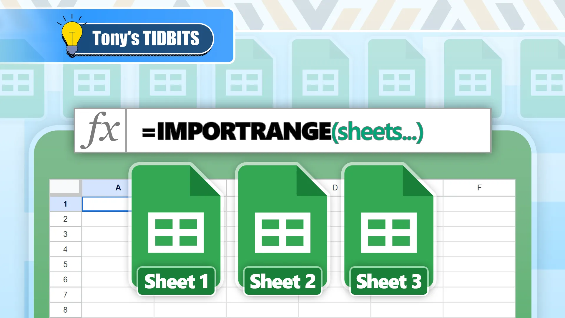 Minh họa hàm IMPORTRANGE của Google Sheets với ba biểu tượng bảng tính, thể hiện khả năng nhập dữ liệu