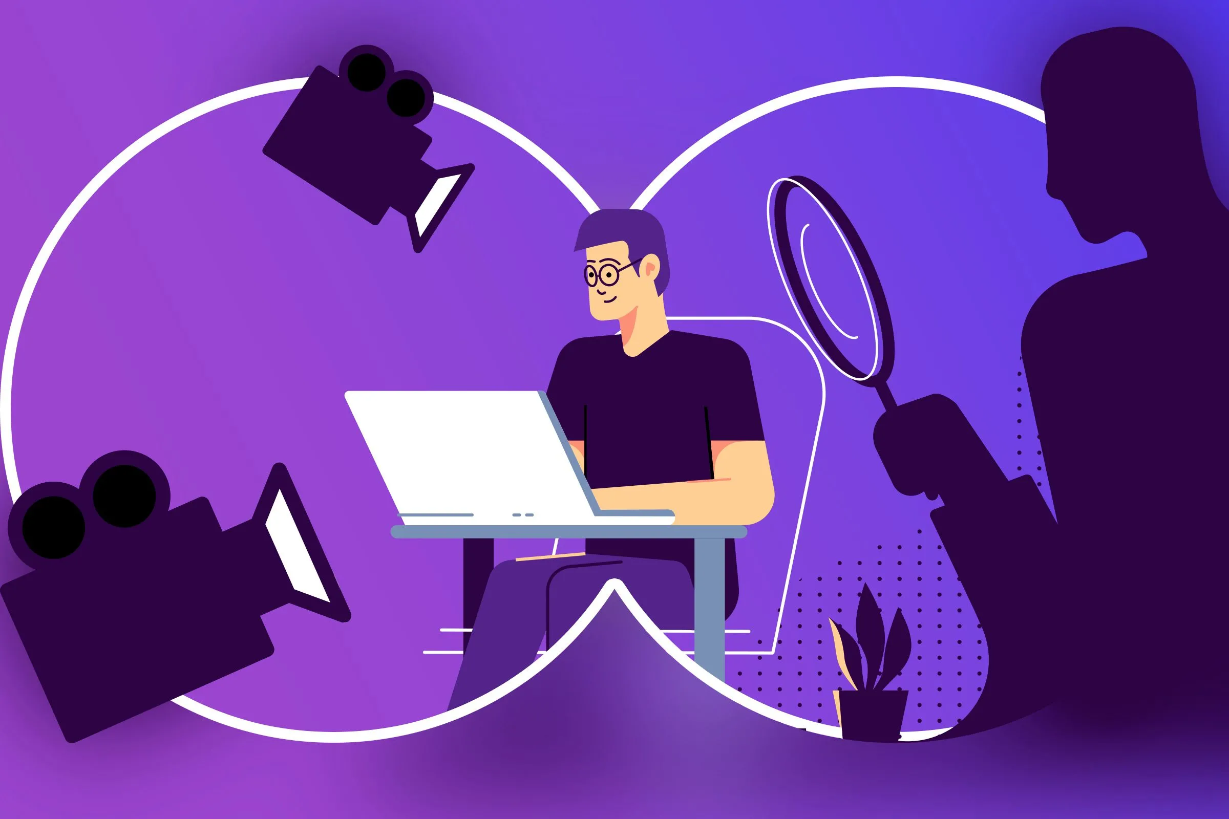 Minh họa người dùng laptop bị giám sát bởi các camera và người khác, tượng trưng cho việc quản trị viên mạng theo dõi.