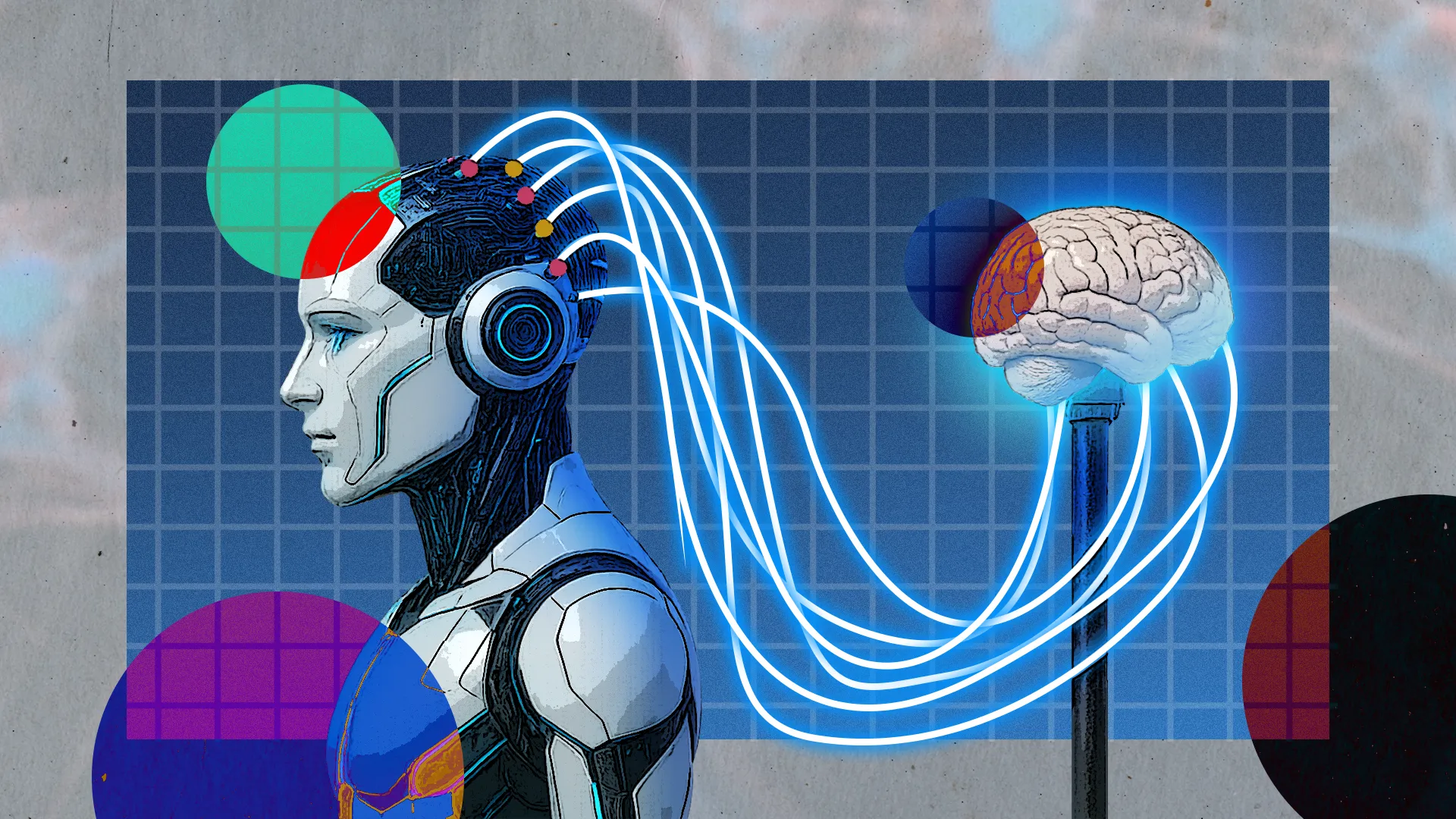 Minh họa robot AI được kết nối với não bộ, tượng trưng cho mô phỏng huấn luyện bằng engine game.