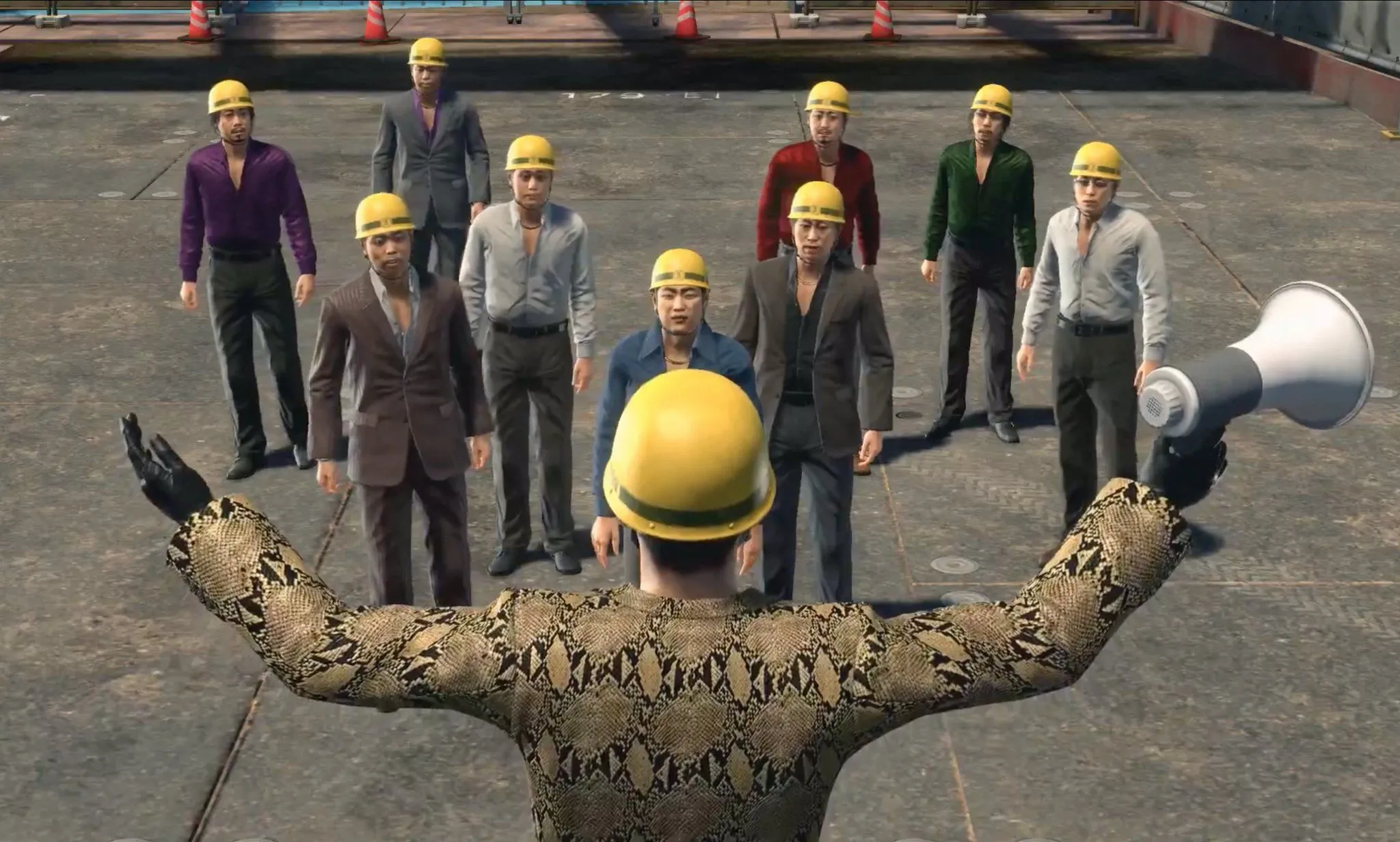 Minigame Majima Construction trong Yakuza Kiwami 2, với Majima chỉ huy các đơn vị chiến đấu thời gian thực