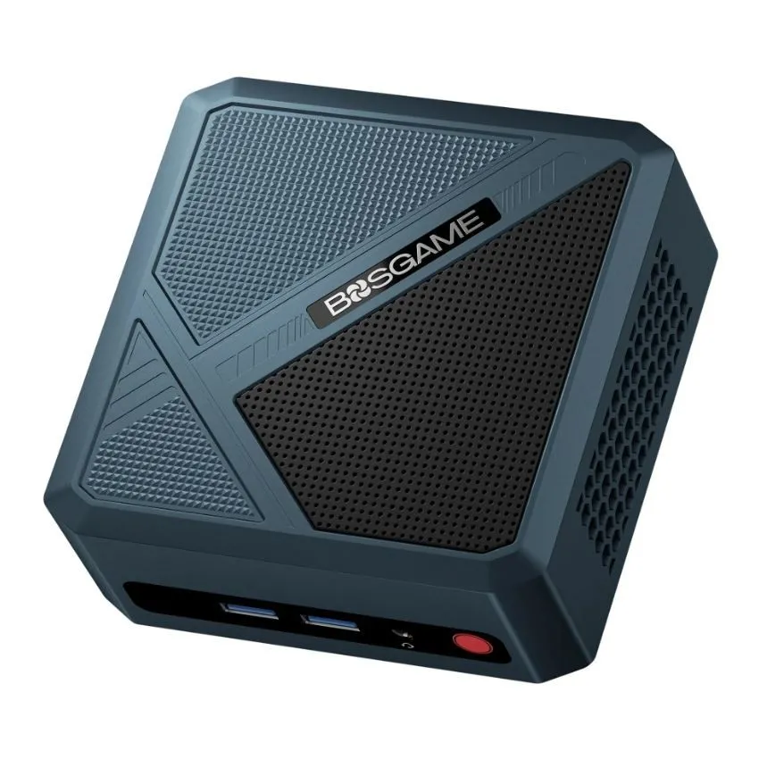 Mô hình Mini PC chơi game BOSGAME P5 Pro nhìn từ trên xuống, với logo hãng và các cổng kết nối