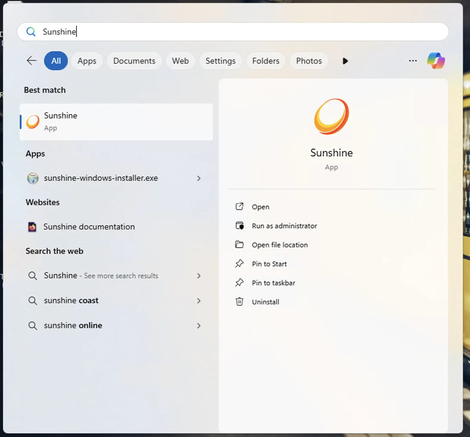 Mở ứng dụng Sunshine từ Start menu trên Windows