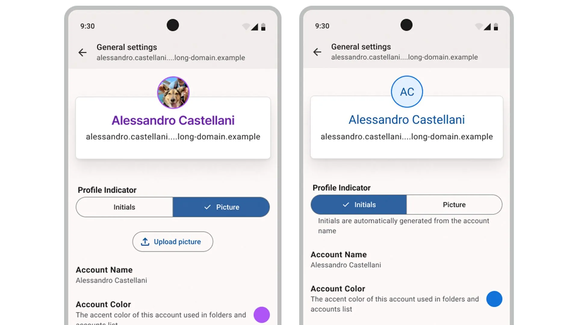 Mockup thiết kế ngăn kéo tài khoản mới trực quan hơn cho ứng dụng Thunderbird trên Android, hiển thị các tùy chọn tài khoản và biểu tượng ảnh đại diện
