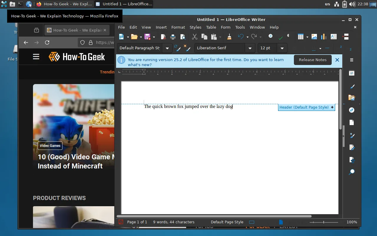 Môi trường desktop Xfce của PorteuX với trình duyệt Firefox và bộ ứng dụng LibreOffice đang mở.