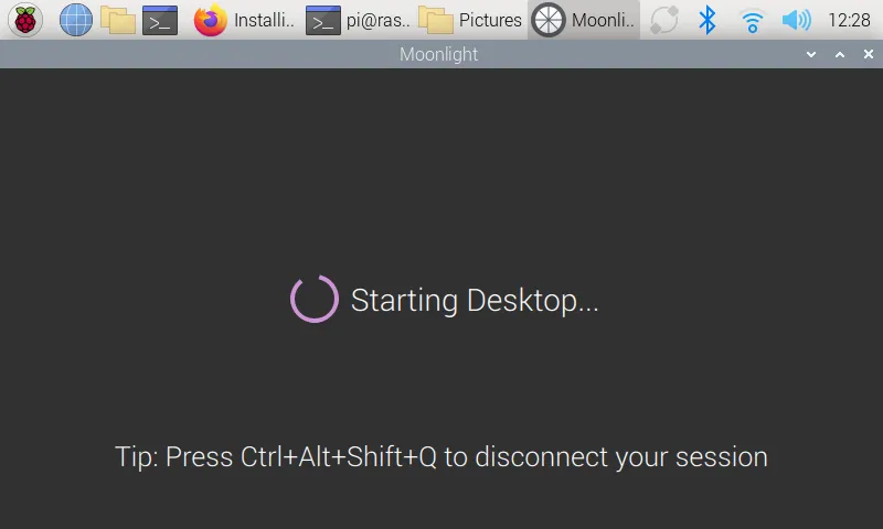 Moonlight client kết nối thành công với Sunshine server trên Raspberry Pi