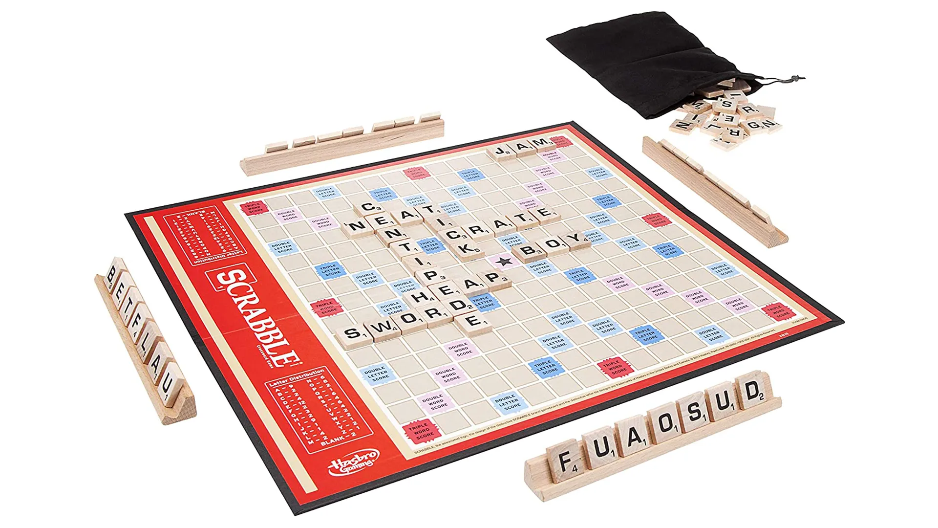 Một bàn cờ Scrabble với các quân cờ chữ cái được sắp xếp, tạo thành những từ ngữ