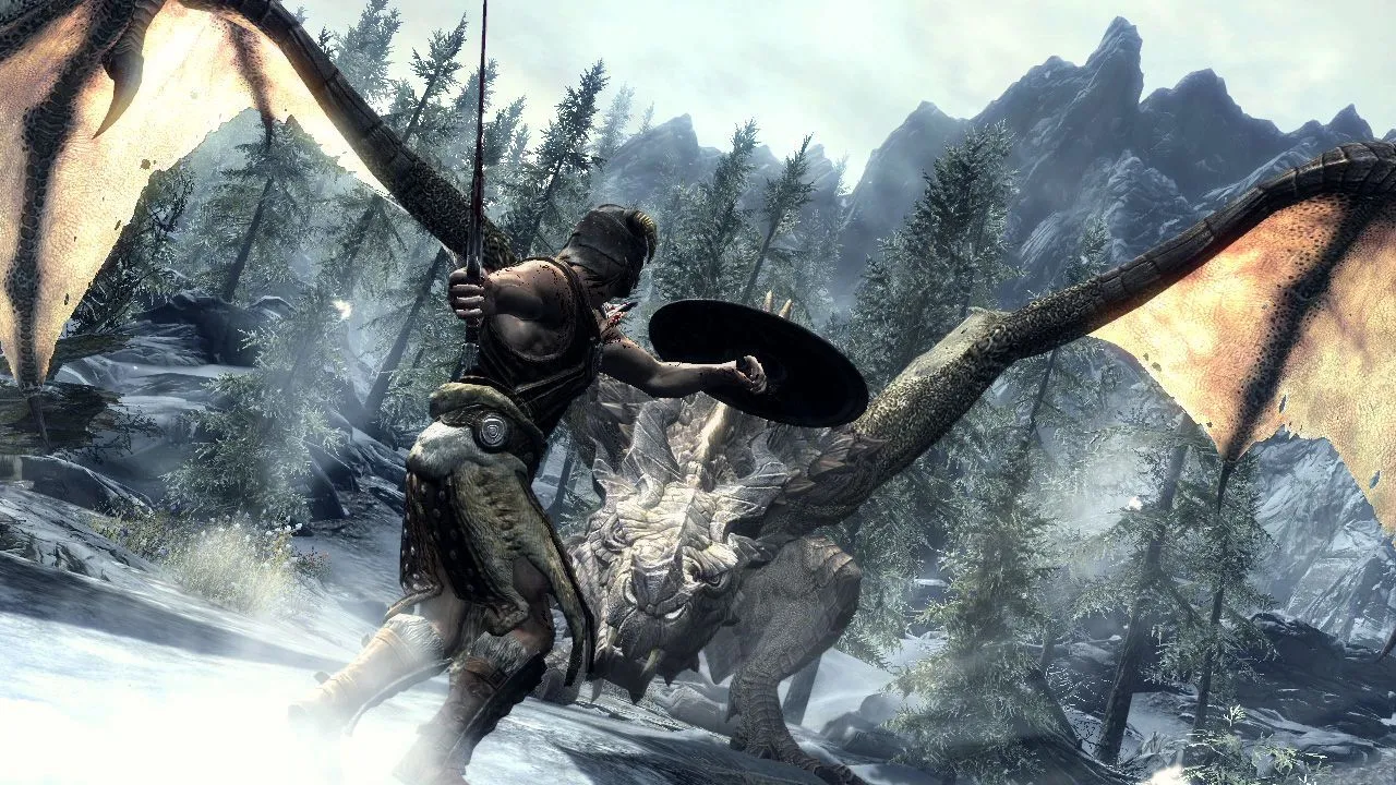 Một cảnh quan hùng vĩ trong thế giới mở của tựa game nhập vai The Elder Scrolls V: Skyrim, nổi tiếng với các bản nhạc nền sử thi do Jeremy Soule sáng tác.
