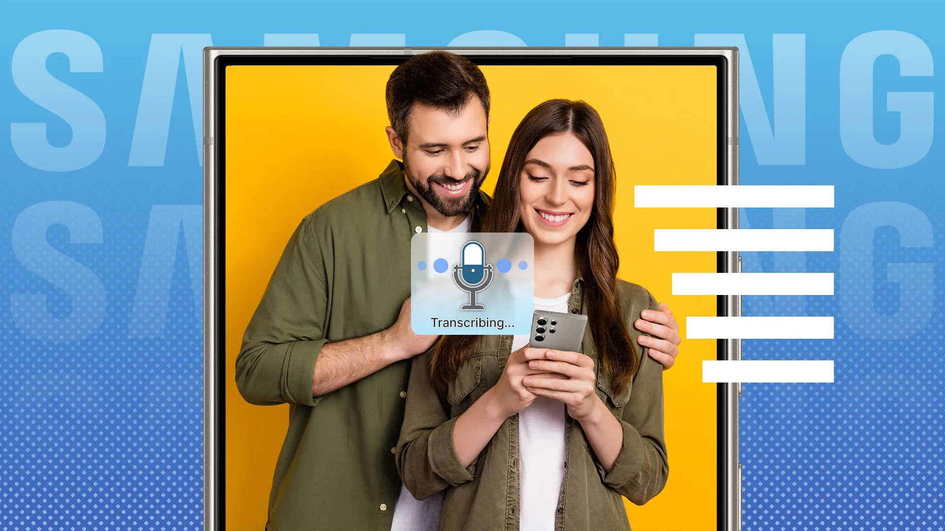 Một cặp đôi đang vui vẻ, người phụ nữ cầm điện thoại Samsung S24 Ultra với biểu tượng phiên âm trực tiếp ở trung tâm màn hình