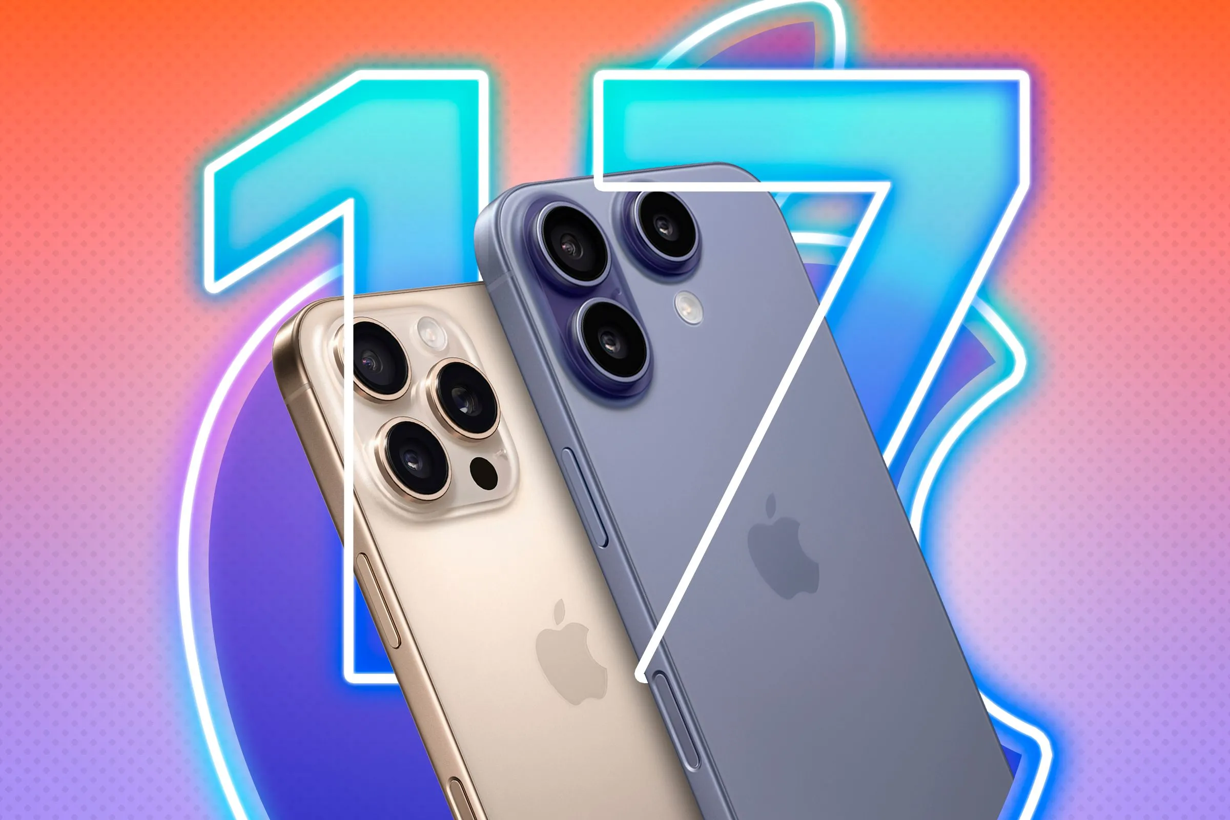Một chiếc iPhone 16 Pro đặt cạnh một thiết kế concept iPhone với logo Apple và số 17 mờ ở hậu cảnh.