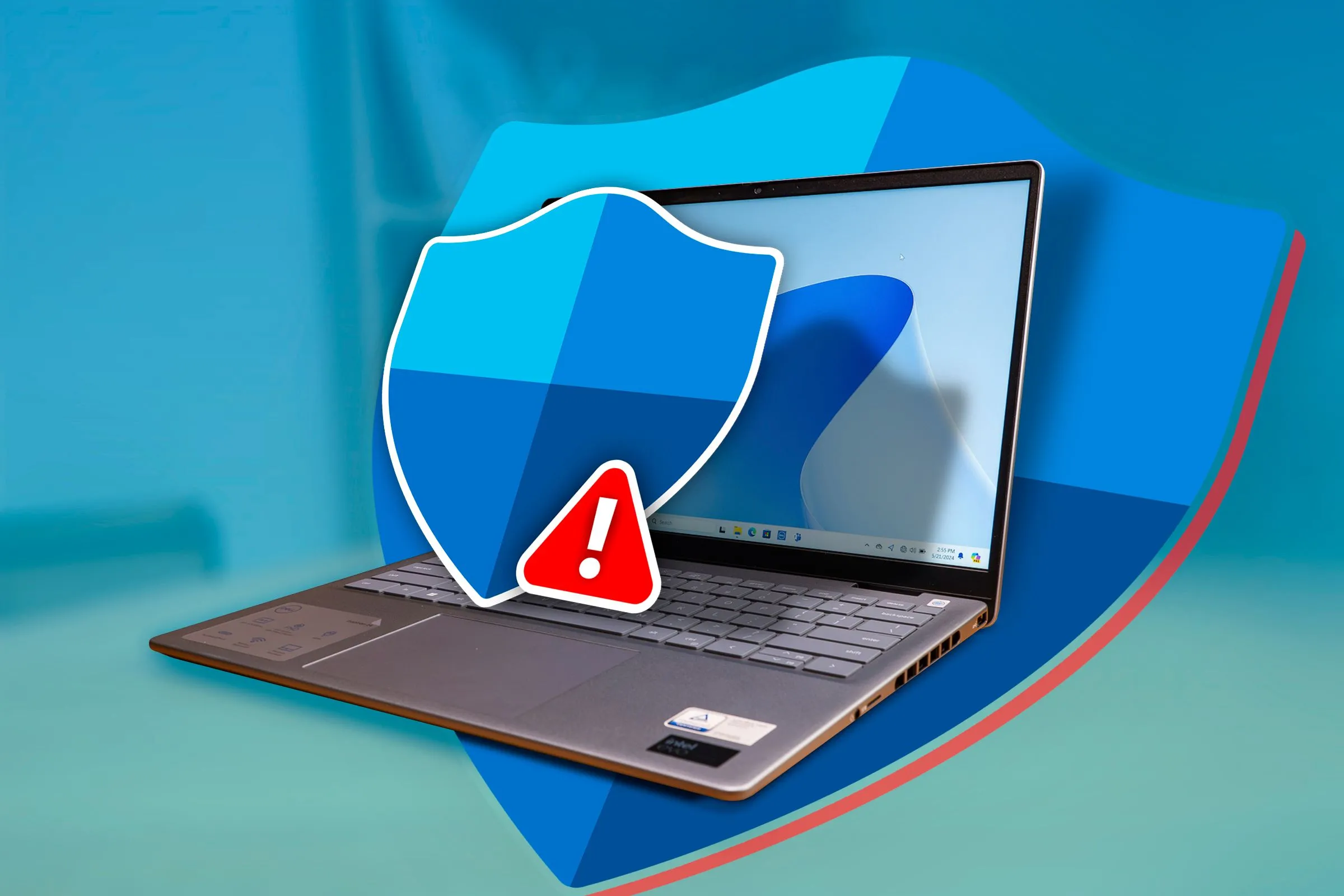 Một chiếc laptop với logo Windows Defender hiện ra từ màn hình, biểu tượng cho tính năng bảo mật của hệ điều hành