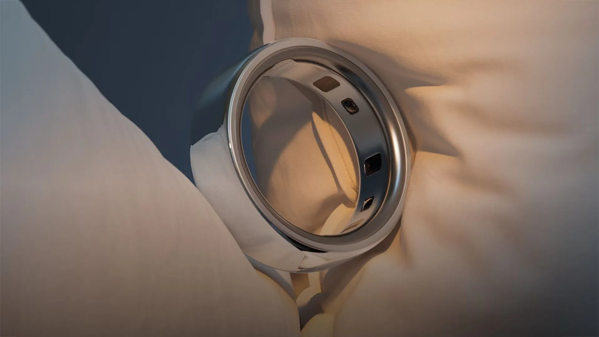 Một chiếc nhẫn Oura Ring đặt trên gối, đại diện cho thiết bị theo dõi giấc ngủ và sức khỏe