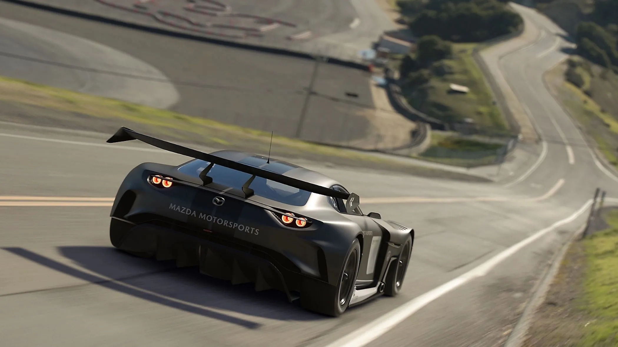 Một chiếc xe Mazda RX-Vision GT3 đang chạy trên đường đua trong game Gran Turismo 7, minh họa cho việc một số game yêu cầu kết nối mạng