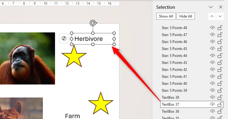 Một đối tượng được chọn trong Selection Pane của PowerPoint, và đối tượng tương ứng trên slide được làm nổi bật, giúp người dùng dễ dàng xác định để đổi tên.
